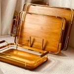 طقم صواني تقديم 3 قطع خشب اطار ذهبي
