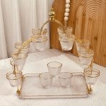 طقم ستاند + 12 فنجان سادة حز ذهبي