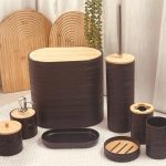 طقم حمام 8 قطع بيضاوي غطا خشب لون اسود