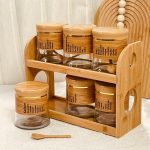 طقم 6 علب بهار زجاج + 6 معالق ستاند خشب بامبو