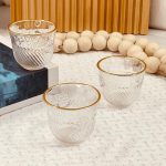 طقم فناجين سادة شفاف حز ذهبي عدد 12